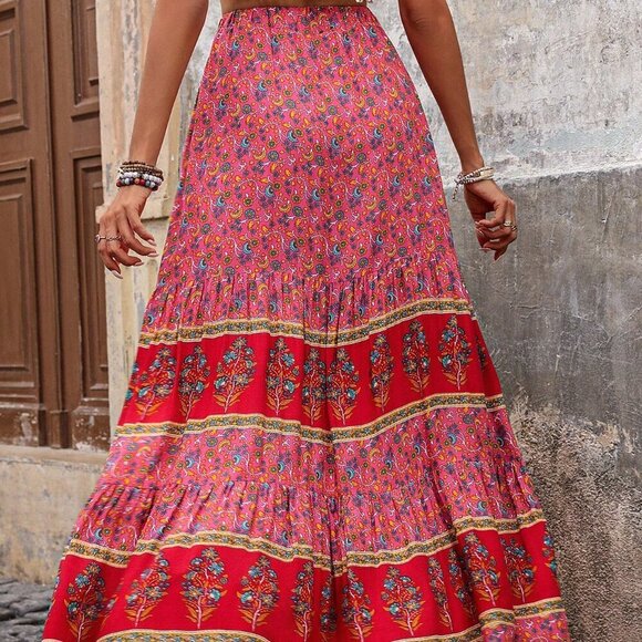 Pink Boho Women's Color Block Butterfly Printed Maxi A-Line Skirt For Vacation - Picture 3 of 6